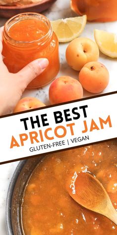 the best apricot jam in a pot with a wooden spoon