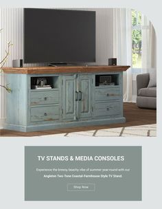 the tv stands and media consoles are available in two - tone painted furniture styles