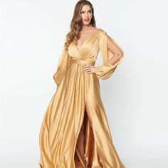 Beautiful Gold Satin Gown With Wrap Front Top, Built In Cups, And Slashed Sleeves To Provide A Fun Flash Of Skin. Hidden Zipper Closure On Back To Ensure It Fits The Bodice. I Love This Dress, But It Just Doesn’t Suit My Body Type! I Would Love For It To Find A Home With Someone Who Will Wear It Out And Make It Shine. Gold Dress Long Classy, Gold Dress Long Sleeve, Liquid Satin Dress, Gold Satin Dress, Long Sleeve Maxi Dresses, Gold Formal Dress, Goddess Gown, Queen Dresses, Liquid Satin