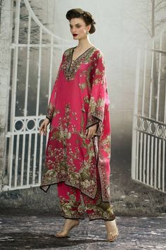 Fuchsia pink kimono sleeves kaftan with all over royal garden print and beaded embellishments on the neckline. - Aza Fashions Elegant Pink Printed Set, Elegant Pink Sets With Digital Print, Pink Floral Print Lawn Suit For Eid, Pink Printed Dress For Eid, Elegant Pink Printed Lawn Suit, Elegant Pink Lawn Suit With Digital Print, Eid Pink Printed Dresses, Pink Silk Kaftan For Eid, Pink Bollywood Kaftan With Dabka