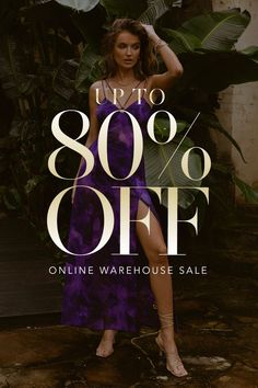 a woman in a purple dress with the text up to 30 % off online warehouse sale