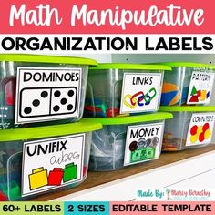 classroom organization labels are organized on the shelf in front of bins with numbers and letters