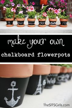 there are many potted plants with chalk paint on them and the words make your own chalkboard flowers