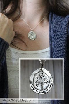 Personalized family tree name necklace rustic 925 stePersonalize this rustic family tree mothers necklace. Hand stamped in sterling silver with your kids names. Makes a great unique mom gift. Tree of life. Click to customize yours. #WordWrap #WordWrapJewelry #HandmadeJewelry #GiftsForHer #Necklace #HandStamped #MothersDayGifts #PersonalizedJewelry #GiftForMom #HandmadeNecklace #NameNecklace #PersonalizedNecklace #GiftForWife #HandStampedJewelry #MomNecklace #NameJewelry  #RusticJewelry #UniqueJe Nature-inspired Personalized Jewelry For Everyday, Nature-inspired Personalized Everyday Jewelry, Unique Personalized Necklace For Mother's Day, Personalized Silver Nature-inspired Jewelry, Nature-inspired Silver Hand Stamped Jewelry, Inspirational Hypoallergenic Jewelry For Anniversary, Stamped Sterling Silver Pendant Jewelry, Unique Jewelry For Mother's Day Gift, Handmade Inspirational Jewelry For Personalized Gift