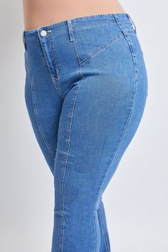 Get ready to turn heads with our Women's Plus High Rise Flare Jeans Front Seam Detail. Designed with a flattering high-rise waist and flared leg, this jean provides a stylish and comfortable fit for all body types. The front seam detail creates the look of a longer leg and adds a cute 70s touch to elevate your everyday style. Made from a soft denim material for all-day wear. Pair with a bodysuit and heels for a figure-flattering look!Product Details:- High-Rise- 1-Button Closure with Zipper- 2 F Medium Wash High Waist Stretch Flare Jeans, High Waist Stretch Flare Jeans In Medium Wash, Stretch Cropped Leg Flare Jeans, Stretch Cropped Leg Denim Flare Jeans, Stretch Denim Cropped Flare Jeans, Stretch Denim Blue Cropped Flare Jeans, Medium Wash Stretch Flare Jeans With Cropped Leg, Stretch Medium Wash Cropped Leg Flare Jeans, Blue Stretch Cropped Flare Jeans