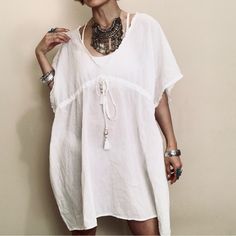 Brand New Size L/Xl Length 36” Bust 60” White Short Sleeve Cover-up For Day Out, Casual Free Size Short Sleeve Cover-up, Chic White Short Sleeve Cover-up, Oversized Summer Dress For Brunch, Oversized Short Sleeve Dress For Brunch, Spring Short Sleeve Free Size Cover-up, Summer Short Sleeve Cover-up For Brunch, Summer Brunch Cover-up With Short Sleeves, White Flowy Cover-up For Brunch