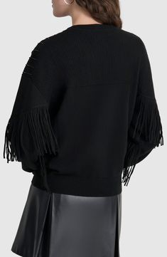 A crystal-embellished ribbed yoke takes care of the accessorizing in this slouchy sweater finished with fringed sleeves that add emphasis to every gesture you make. Crewneck Long sleeves with ribbed cuffs 55% cotton, 45% polyester Dry clean Imported Crystal Fringe, Embellished Sweater, Embellished Sweaters, Slouchy Sweater, Nordstrom Store, Black Fits, Emphasis, Dry Clean, Nordstrom