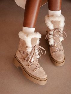 Iga Mohair Taupe - Cold weather boots with sheepskin fur lining and notched sole in taupe suede leather - Bobbies - Women Casual Work Style, Taupe Colour, Cold Weather Boots, Weather Boots, Moon Boots, Winter Boots Women, Flat Boots, Work Fashion, Winter Season