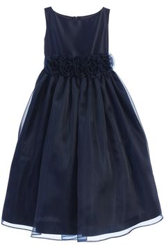 Sweet Kids SK723 Navy Blue Satin & Organza w/ Flower Waistband Dress - Pink Princess Blue Flower Girl, Flower Girl Flower, Flower Girl Dresses Blue, Dresses Holiday, Christmas Dresses, Girls Holiday Dresses, Girls Blue Dress, Organza Flowers, The Perfect Girl