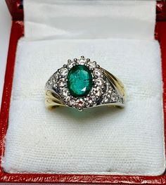 Beautiful Vintage 14k Yellow Gold Natural Oval Shape Emerald Ring 100% Natural Emeralds Emerald(s) 1.00CT Diamond: 0.80CT Color: G Clarity: SI1 Total ring weight: 5.2GR Ring sizing available free of charge For more information regarding this item feel free to reach me so I can accommodate your needs. Thank you Exquisite Oval Emerald Ring, Luxury Green Oval Cluster Ring, Elegant Green Oval Diamond Ring, Elegant Oval Green Diamond Ring, Formal Oval Cabochon Ring With Center Stone, Elegant Yellow Gold Oval Emerald Ring, Exquisite Oval Diamond Ring For Formal Occasions, Formal White Gold Emerald Ring With Oval Cabochon, Elegant Oval Emerald Ring For Formal Occasions