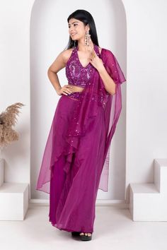 Purple kali pant with sequin and beads embroidered waistband. Paired with an embroidered padded blouse and ruffle mukesh work overlay. - Aza Fashions Mukesh Work, Pant Saree, Dhoti Saree, Purple Saree, Padded Blouse, Sequin Halter, Drape Saree, Beaded Neckline, Saree With Blouse