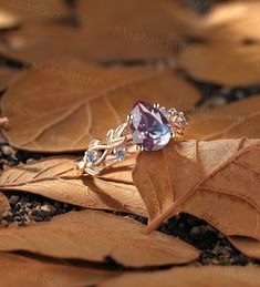 a ring with an amethorate surrounded by leaves on the ground in sunlight