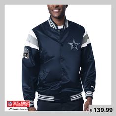 Add a new centerpiece to your wardrobe of Dallas Cowboys gear with this Satin Varsity full-snap jacket from Starter. It features embroidered team graphics and bold team colors for an eye-catching look. Plus, this jacket includes multiple pockets to store your small essentials, making it the perfect choice to wear on the next chilly Dallas Cowboys game day. Dallas Cowboys Game Day, Cowboys Game Day, Dallas Cowboys Game, Dallas Cowboys Gear, Cowboy Jacket, Nfl Dallas Cowboys, Mens Navy, Full Zip Hoodie, Dallas Cowboys