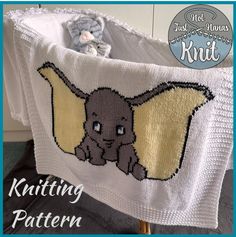 a crocheted baby blanket with an elephant in the center and text that reads just mom, kit knitting pattern