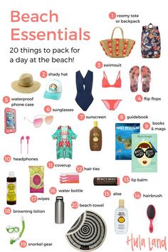 the beach essentials list is shown here