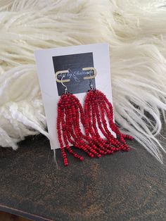 Cherry Red "Fringe" - Short Beaded Earrings with complimenting sliver hooks Red Fringe Tassel Earrings With Round Beads, Red Tassel Earrings With Fringe And Round Beads, Red Dangle Tassel Earrings With Fringe, Red Fringe Tassel Earrings As Gift, Red Fringe Tassel Earrings For Gift, Red Tassel Earrings With Fringe For Gift, Elegant Red Beaded Earrings With Fringe, Elegant Red Beaded Fringe Earrings, Red Beaded Fringe Dangle Earrings