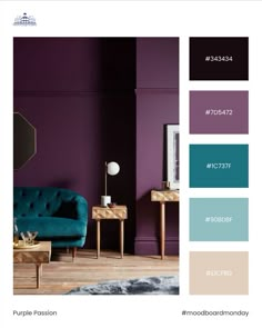 a living room with purple walls and blue furniture in the center, along with other colors to choose from