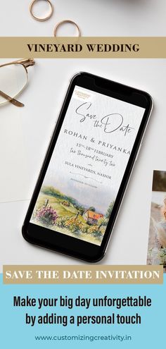 wedding save the date card with an image of a bride and groom on their phone