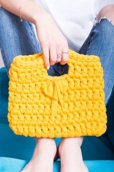 Yellow Crochet Bag, Top Handle Bag, Yellow Handbag For Women, Gift Bag Crocheted Purse, Crochet Handles, Yellow Crochet, Deep Yellow, Crochet Handbag, Yellow Handbag, Bow Decor, Elegant Bags, Yellow Knit