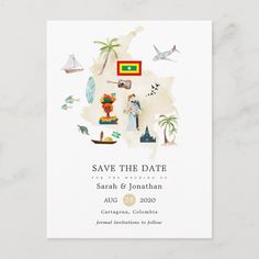 save the date card with an illustrated map and tropical scenes on white paper, featuring palm trees