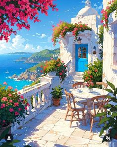 a painting of an outdoor dining area overlooking the ocean with flowers and potted plants