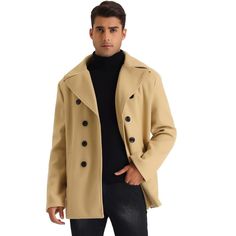 Made of soft fabric, the double-breasted pea coat stays warm and keeps your outfit fashionable. You can match the long-sleeved pea coat with sweaters, or tailored jeans for a casual daily look in cold months. The solid-color classic overcoats are great for any occasion, such as office work, business meetings, dinner, dating, and daily wear. Casual Double-breasted Pea Coat For Winter, Casual Solid Double-breasted Wool Coat, Winter Single-breasted Long Sleeve Pea Coat, Winter Long Sleeve Single Breasted Pea Coat, Casual Double-breasted Wool Coat With Buttons, Winter Solid Double-breasted Blazer, Khaki Single Breasted Pea Coat For Fall, Casual Double-breasted Wool Coat With Double Button, Winter Khaki Blazer With Button Closure