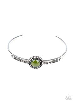 A glassy Military Olive bead is pressed into the middle of a studded silver frame atop a decorative cuff, creating a colorfully dainty display around the wrist. Sold as one individual bracelet. Piece Of Mind, Green Bracelet, Paparazzi Accessories, Paparazzi Jewelry, Bracelet Collection, Stunning Jewellery, Green Bead, Silver Frame, Matching Earrings