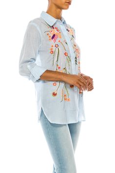 This taupe striped button-down shirt is made from 100% natural cotton, and features an exquisite floral embroidery on the yoke and shoulders.Model is 5’8” - wearing size small. Model Bust: 34” Hand-wash cold, lay flat to dry.Made in India. Floral Embroidery, Natural Cotton, Lay Flat, Button Downs, Kimono Top, Bell Sleeve Top, Button Down Shirt, Tunic Tops, Long Sleeve Blouse