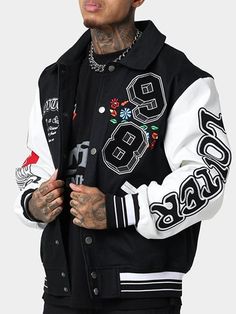 Loiter Wool and Leather Varsity Jacket Varsity Jacket Outfit Aesthetic, Jacket Outfit Aesthetic, Ruff Ryders, Varsity Design, Varsity Jacket Outfit, Leather Varsity Jackets, Varsity Letterman Jackets, Varsity Jackets, Concept Clothing