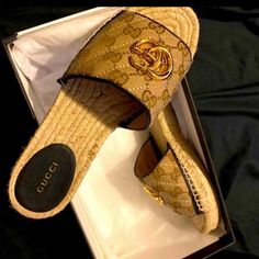 Like New Gucci Sandals Size 6.5 Authentic Worn 1-2 Times Looks New Serial Number Shown No Box Authentic Retails $590 Double G Materials Made In Italy. Shoe Constructed In Spain. Gucci Open Toe Espadrilles For Vacation, Luxury Leather Sole Slip-on Espadrilles, Gucci Casual Espadrilles For Vacation, Casual Gucci Espadrilles For Vacation, Gucci Espadrilles With Round Toe And Branded Insole, Designer Closed Toe Espadrilles With Branded Insole, Designer Gucci Closed Toe Espadrilles, Luxury Gucci Slip-on Espadrilles, Gucci Espadrilles For Beach With Branded Insole