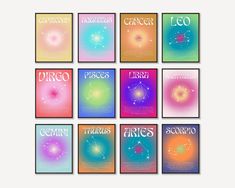 nine zodiac signs in different colors and sizes with the names leo, libra, pisc