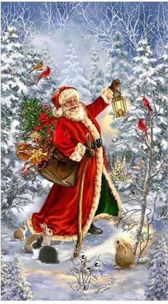 a painting of santa claus holding a lantern in the snow with birds flying around him