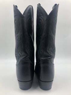 "Black men's cowboy boots, made from real leather, vintage style, embroidered with unique pattern, western style, fashionable streetstyle boots, cowboy boots, black color, size 10 Description: - Sharp socks - Embroidered decorative stitching in black colors - The original embroidery on boots - On the both sides there are unique pattern - Leather inside and outside - No zippers and buckles - Delicate genuine vintage leather - Tabs on both sides of the boot shaft - Cowboy heel Condition: - Quality Black Western Boots For Western-themed Events, Black Western Style Boots For Western-themed Events, Vintage Black Boots For Ranch, Vintage Black Ranch Boots, Vintage Black Boots For Rodeo, Vintage Black Moto Boots For Western-themed Events, Black Boots For Western-themed Events, Style Cowboy Boots, Cowboy Boots Black