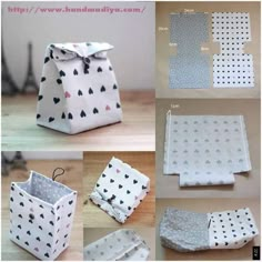 the instructions for how to make an origami bag with polka dots and hearts