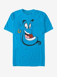 a blue t - shirt with an evil face on the chest and tongue sticking out