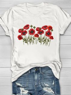 Red Poppy Flower Printed Crew Neck Women's T-shirt Red Poppy Flower, Laundry Guide, Red Poppy, Poppy Flower, Red Poppies, Shoulder Length, Flower Prints, Women's T Shirt, Poppies