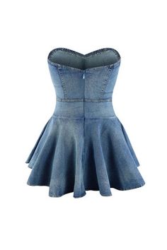 Strapless Slim Ruffle A-Line Denim Dress Strapless Stretch Denim Dress For Spring, Fitted Medium Wash Denim Dress With Ruffles, Chic Fitted Denim Top With Ruffles, Fitted Medium Wash Denim Top With Ruffles, Fitted Strapless Denim Dress, Strapless Denim Corset Dress, Fitted Strapless Denim Cotton Dress, Fitted Blue Denim Corset Dress, Denim Blue Ruffled Mini Dress