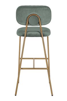 an upholstered bar stool with gold legs and a green velvet seat pad on the back