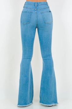 Rodeo Bell Bottom Jean in Light Denim – Ply Style Stretch Jeans For Spring, Trendy Flare Jeans For Fall, Stretch Wide Leg Jeans For Fall, Spring Stretch Denim Blue Flare Jeans, Spring Dark Wash Flare Jeans With Standard Cut, Spring Non-stretch Flare Jeans With Five Pockets, Dark Wash Flare Jeans For Spring, Fall Light Wash Full Length Flare Jeans, Chic Mid-rise Denim Flare Jeans