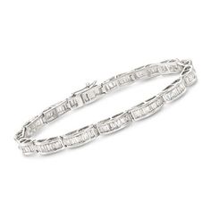 Ross-Simons - 3.00 ct. t.w. Diamond Baguette Bracelet in 14kt White Gold. 7". Sparkling with 3.00 ct. t.w. tapered baguette diamonds in white rhodium, this gorgeous 14kt white gold bracelet truly shines. A stunning look that's guaranteed to get attention! Figure 8 safety. Push-button clasp, diamond bracelet.  Diamond birthstones are the perfect gift for April birthdays. Formal White Gold Baguette Diamond Bracelet, White Gold Baguette Diamond Bracelet For Anniversary, Classic Silver Baguette Diamond Bracelet, Timeless Tennis Bracelet With Baguette Diamonds, Platinum Baguette Cut Diamond Bracelet For Anniversary, Platinum Diamond Bracelet With Baguette Cut For Anniversary, Classic White Gold Baguette Bracelet, Anniversary White Gold Baguette Bracelets, Formal Baguette Tennis Bracelet