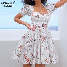 Brand Name: MERMAID'S CLOSETSilhouette: A-LINEOrigin: CN(Origin)Season: SummerNeckline: Square CollarSleeve Style: Puff SleeveDecoration: PrintingStyle: BohemianDresses Length: Above Knee, MiniMaterial: PolyesterAge: Ages 25-35 Years OldProfile Type: AModel Number: #8224Closure Type: PulloverSleeve Length(cm): SHORTType: RegularRelease Date: Summer 2021Gender: WOMENMaterial Composition: Synthetic FiberWaistline: empirePattern Type: FloralSize: S M L XLOccasion: Beach/Holiday/Party/CasualDrop Shi Elegant Summer Dresses, Floral Print Dress Summer, Floral Dresses Short, Mini Sundress, White Dresses For Women, White Dress Summer, Puffed Sleeves Dress, Dress Silhouette, Floral Mini Dress