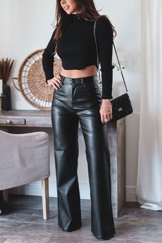 Leather Pants With Boots, Black Faux Leather Pants Outfit, Black Leather Pants Outfit Night, Leather Pants Outfit Night, Faux Leather Wide Leg Pants, Leather Wide Leg Pants, Black Ribbed Top, Unique Pants, Leather Pants Outfit