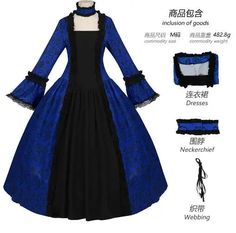 Maramalive™ Women Victorian Medieval Queen Cosplay Costume Masquerade Vitch Gothic Lace Stitching Long Court Dress Dress Up Robe Blue Fitted Victorian Dress For Costume Party, Blue Gothic Fitted Costume, Blue Gothic Victorian Dress For Costume Party, Blue Gothic Style Dress For Fancy Dress Occasions, Gothic Blue Costume Dress, Blue Long Sleeve Halloween Dress, Blue Long Sleeve Halloween Costume, Blue Long Sleeve Dresses For Halloween, Blue Gothic Halloween Dress