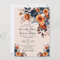 an orange and blue floral wedding card