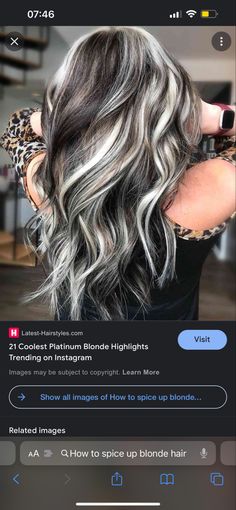 Dark Brown And Platinum Highlights, Dark Brown Hair With Bleach Highlights, Dark Brown With Icy Blonde Highlights, Platinum Lowlights On Dark Hair, Brown Hair With Ice Blonde Highlights, Brown And Blonde Dimensional Hair, Icy Grey Blonde Hair Dark Roots, Money Piece Grey Hair, Silver And Dark Brown Hair