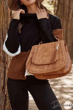 Contrasting Color High Neck Knitted Sweater Brown Chunky Knit Crew Neck Outerwear, Chic Brown Sweater For Fall, Chic Brown Fall Sweater, Trendy Brown Sweater For Cold Weather, Brown Chunky Knit Outerwear For Fall, The Clothes, Chic Dress, Knitted Sweater, Winter Dresses