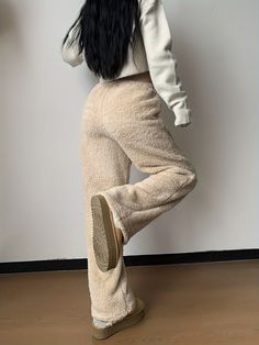 Antmvs Solid Teddy Drawstring Pants, Casual Straight Leg High Waist Pa Stretch Full-length Winter Sweatpants, Solid Ribbed Winter Pants, Fuzzy Sweatpants, High-waisted Drawstring Sweatpants For Loungewear, Winter Drawstring Full-length Pants, Fall Care, Drawstring Pants, Autumn Summer, High Waisted Pants