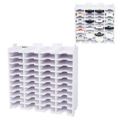 two white shelves with glasses on them