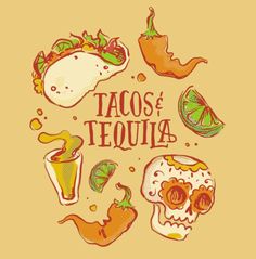 tacos and tequilas with mexican food in the middle on a yellow background illustration