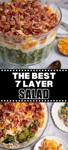 Collage of trifle dish full of 7 layer salad at top and bottom. Layer Salad With Peas, Romaine Lettuce Salad Recipes, Layered Salad With Peas, Overnight Salad, Bacon Mayo, Peas Bacon, Pea Salad With Bacon, Salad With Peas